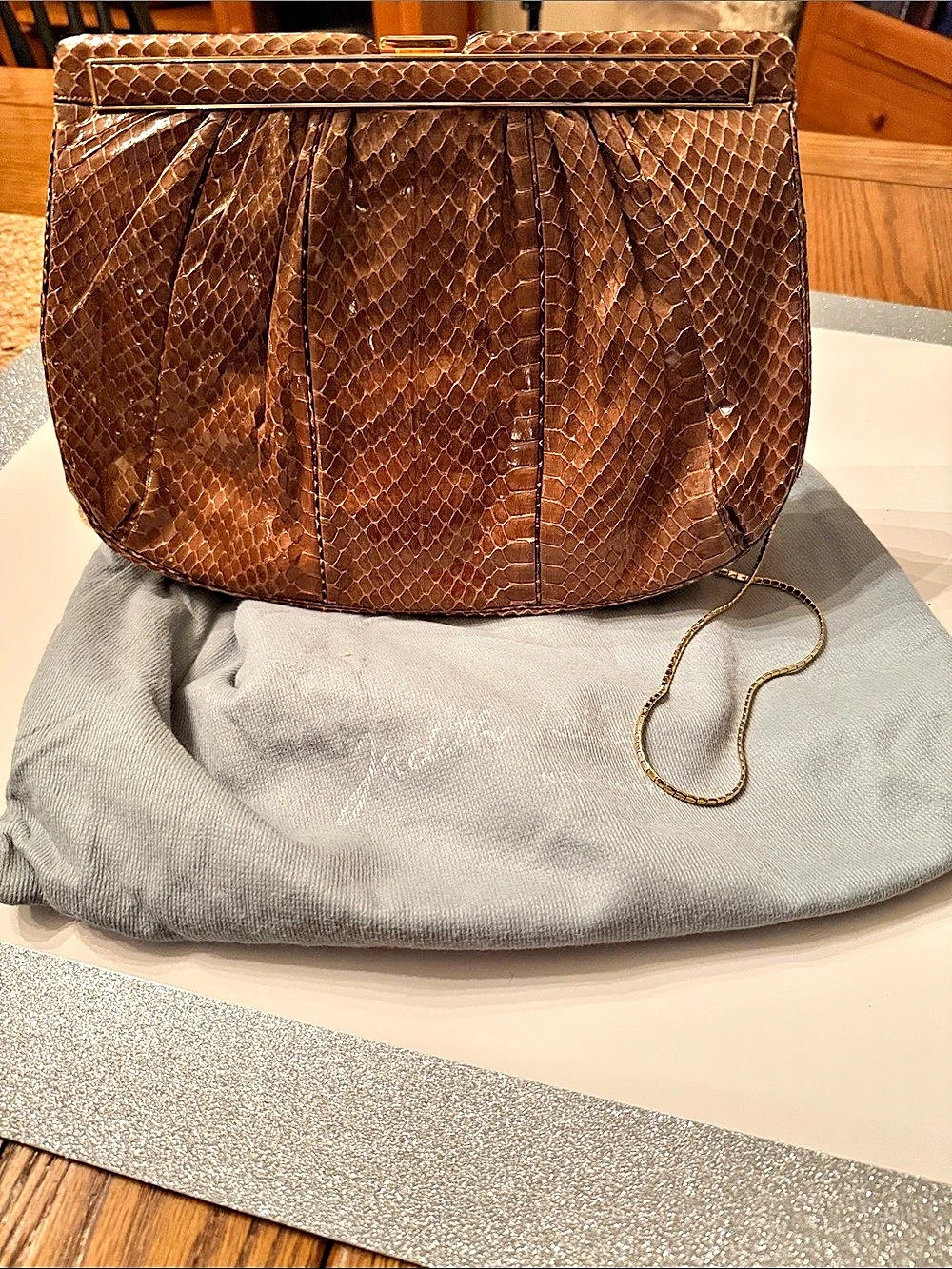 Judith Leiber Brown Snakeskin-Style Clutch with Chain